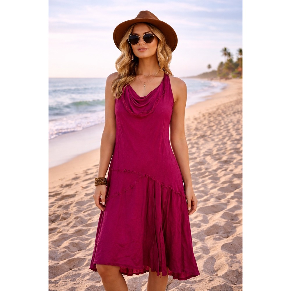 NWT: LUNA LUZ Medium Fuchsia Pink 100% Linen Lined‎ Dress Cowl Neck Boho (E651)